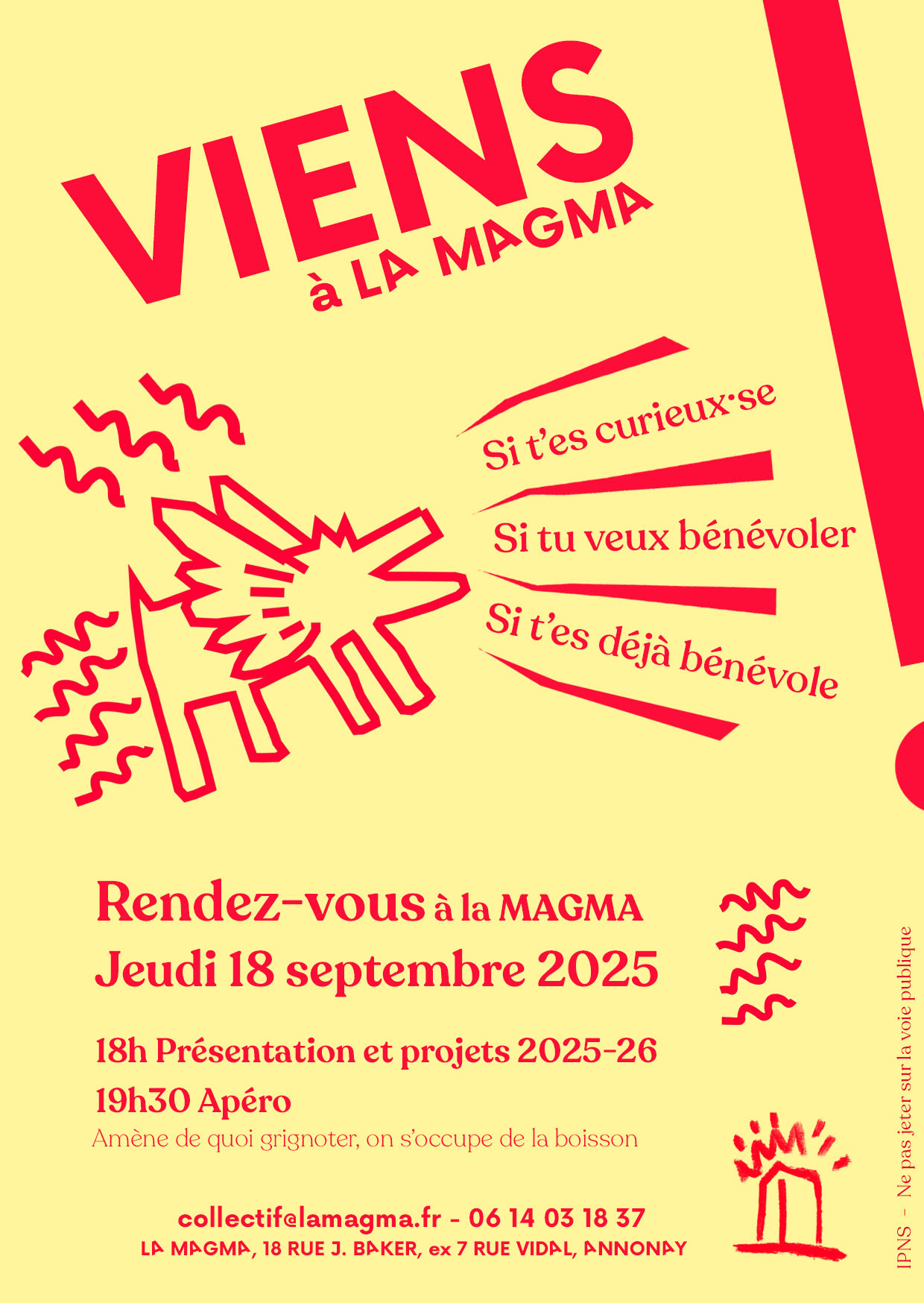 affiche jaune et rouge avec un dessin de chien qui aboie.